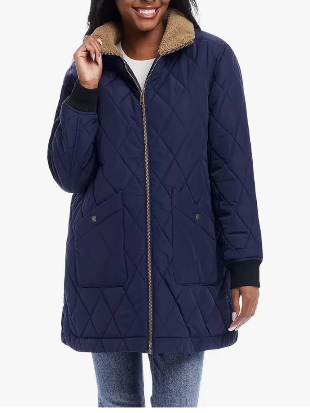 Weatherproof Vintage Quilted Sherpa Jacket NWOT | Large Navy Warm Hooded Coat - Picture 4 of 7